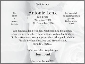 Traueranzeige von Antonie Lenk von WVW Anzeigenblätter