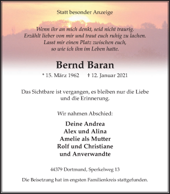 Traueranzeige von Bernd Baran von WVW Anzeigenblätter