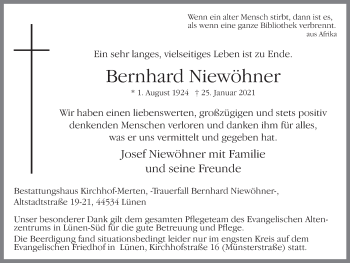 Traueranzeige von Bernhard Niewöhner von WVW Anzeigenblätter