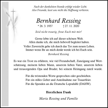Traueranzeige von Bernhard Ressing von WVW Anzeigenblätter