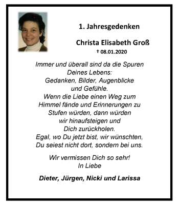 Traueranzeige von Christa Elisabeth Groß von WVW Anzeigenblätter
