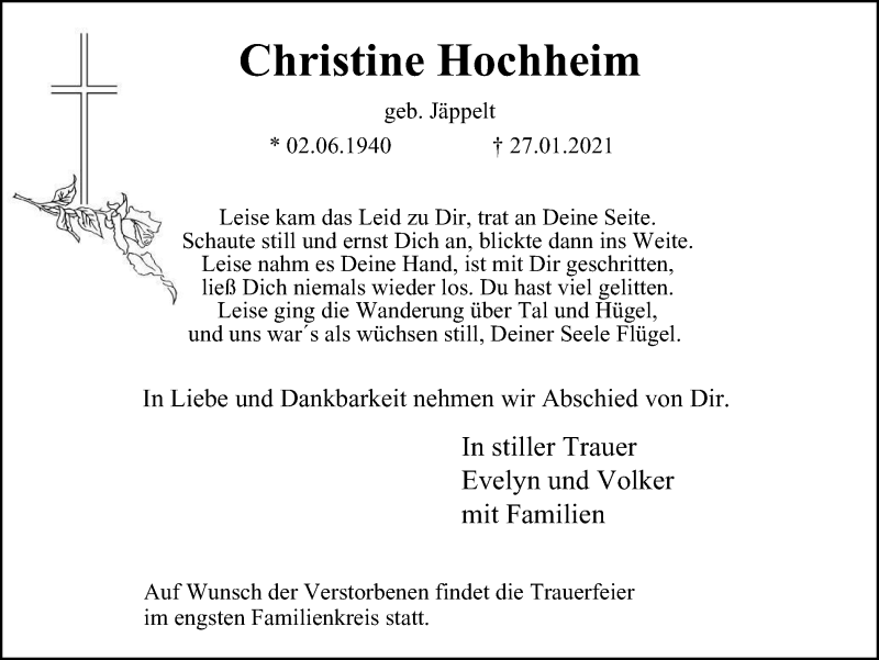  Traueranzeige für Christine Hochheim vom 30.01.2021 aus WVW Anzeigenblätter
