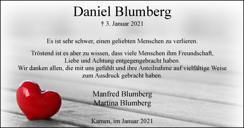  Traueranzeige für Daniel Blumberg vom 27.01.2021 aus WVW Anzeigenblätter