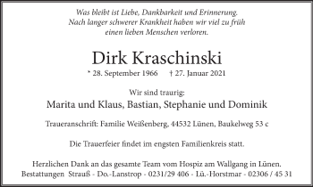 Traueranzeige von Dirk Kraschinski von WVW Anzeigenblätter