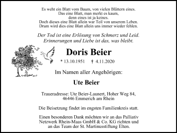 Traueranzeige von Doris Beier von WVW Anzeigenblätter