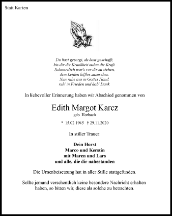 Traueranzeige von Edith Margot Karcz von WVW Anzeigenblätter