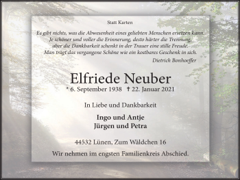 Traueranzeige von Elfriede Neuber von WVW Anzeigenblätter