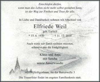 Traueranzeige von Elfriede Weil von WVW Anzeigenblätter