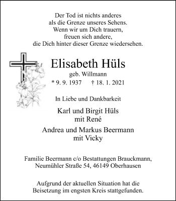 Traueranzeige von Elisabeth Hüls von WVW Anzeigenblätter