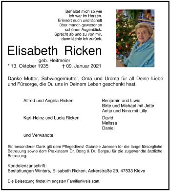 Traueranzeige von Elisabeth Ricken von WVW Anzeigenblätter