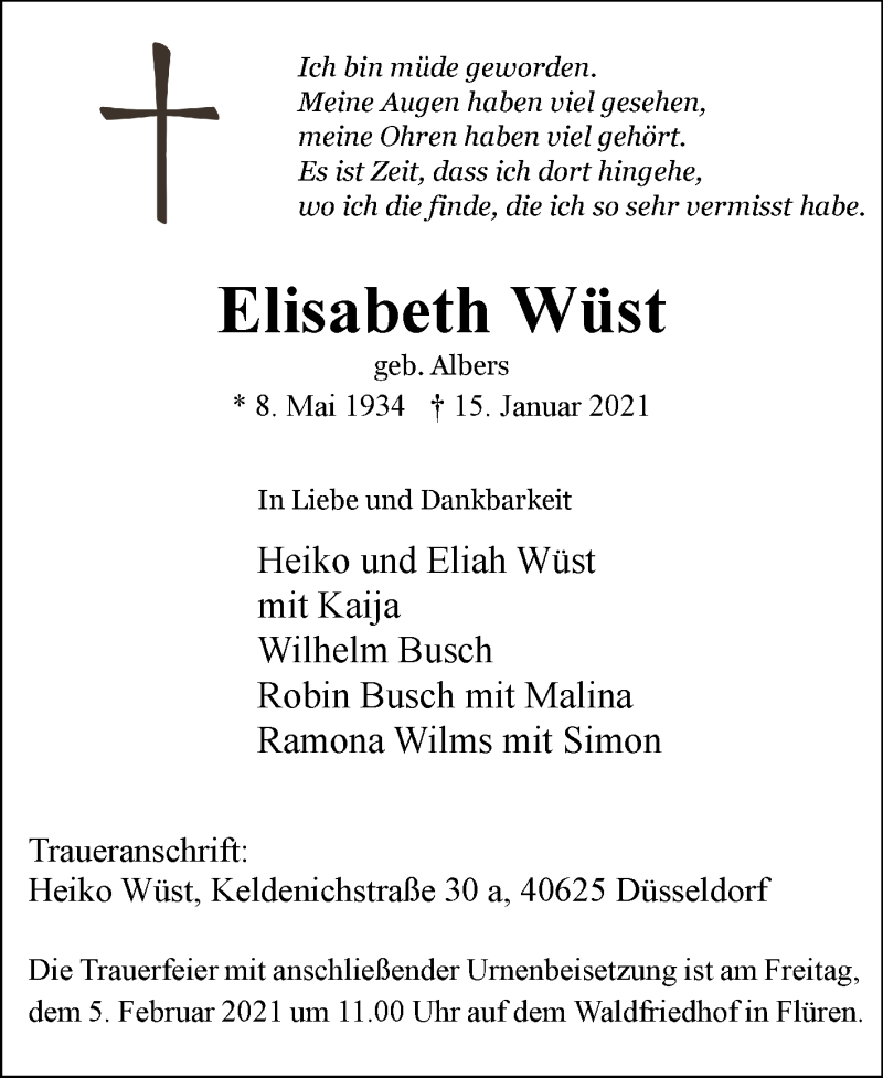  Traueranzeige für Elisabeth Wüst vom 27.01.2021 aus WVW Anzeigenblätter