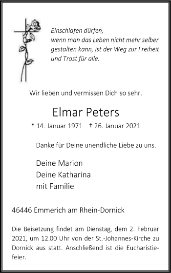 Traueranzeige von Elmar Peters von WVW Anzeigenblätter