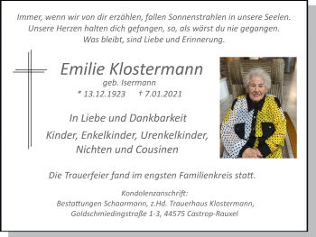 Traueranzeige von Emilie Klostermann von WVW Anzeigenblätter