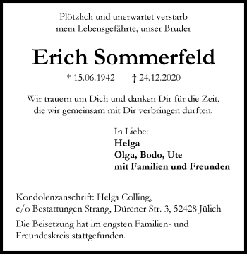 Traueranzeige von Erich Sommerfeld von WVW Anzeigenblätter