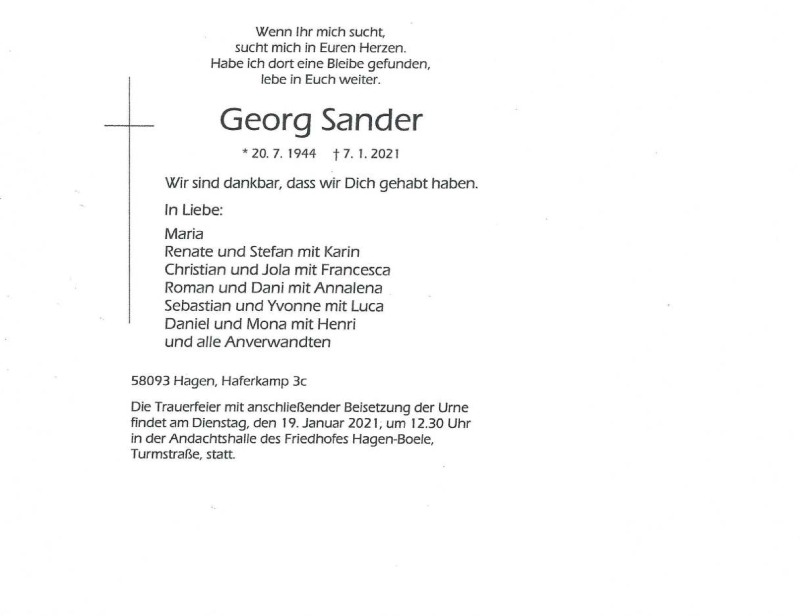  Traueranzeige für Georg Sander vom 16.01.2021 aus WVW Anzeigenblätter