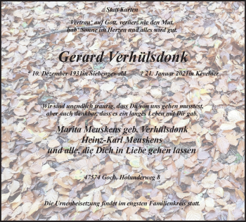 Traueranzeige von Gerard Verhülsdonk von WVW Anzeigenblätter