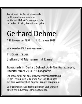 Traueranzeige von Gerhard Dehmel von WVW Anzeigenblätter