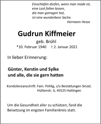 Traueranzeige von Gudrun Kiffmeier von WVW Anzeigenblätter