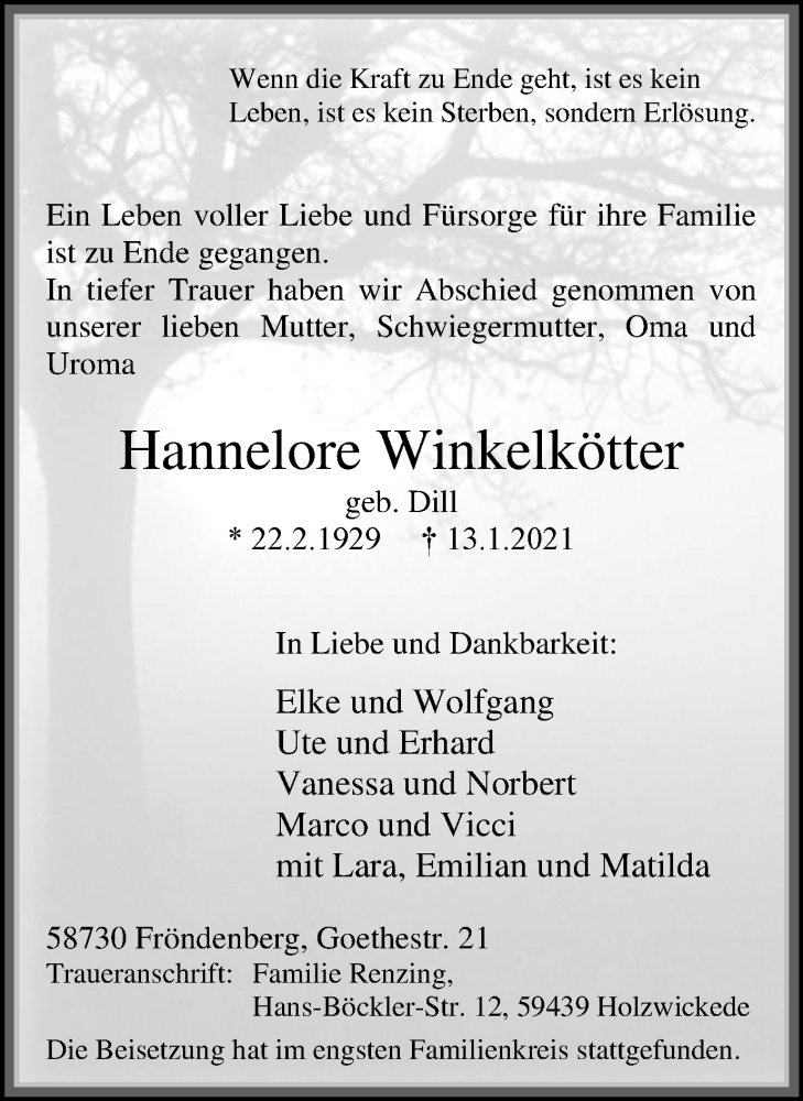  Traueranzeige für Hannelore Winkelkötter vom 23.01.2021 aus WVW Anzeigenblätter