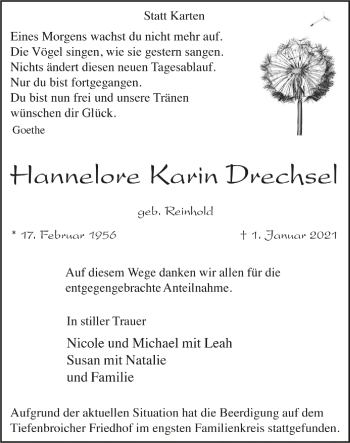 Traueranzeige von Hannelore Karin Drechsel von WVW Anzeigenblätter