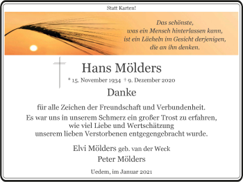 Traueranzeige von Hans Mölders von WVW Anzeigenblätter