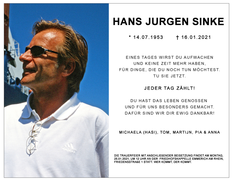  Traueranzeige für Hans Jurgen Sinke vom 23.01.2021 aus WVW Anzeigenblätter