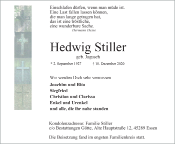 Traueranzeige von Hedwig Stiller von WVW Anzeigenblätter