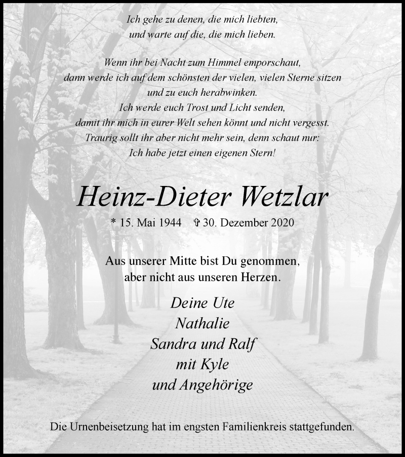  Traueranzeige für Heinz-Dieter Wetzlar vom 30.01.2021 aus WVW Anzeigenblätter