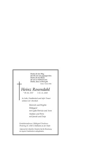 Traueranzeige von Heinz Rosendahl von WVW Anzeigenblätter