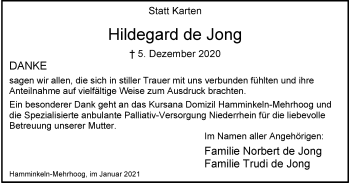 Traueranzeige von Hildegard de Jong von WVW Anzeigenblätter