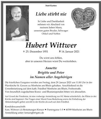 Traueranzeige von Hubert Wittwer von WVW Anzeigenblätter
