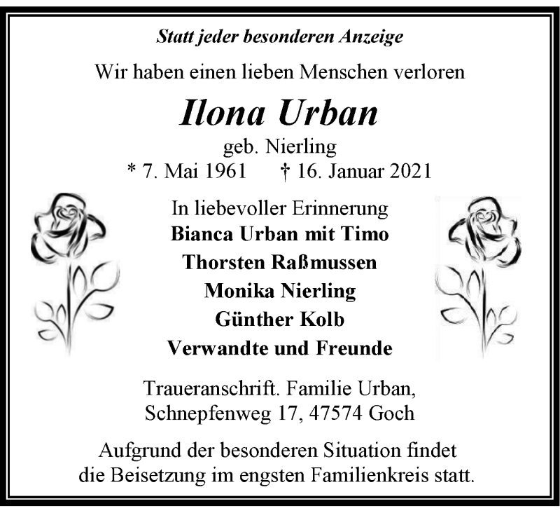  Traueranzeige für Ilona Urban vom 30.01.2021 aus WVW Anzeigenblätter