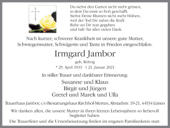 Traueranzeige von Irmgard Jambor von WVW Anzeigenblätter