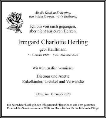 Traueranzeige von Irmgard Charlotte Herling von WVW Anzeigenblätter