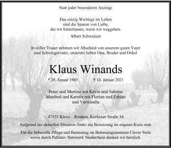 Traueranzeige von Klaus Winands von WVW Anzeigenblätter