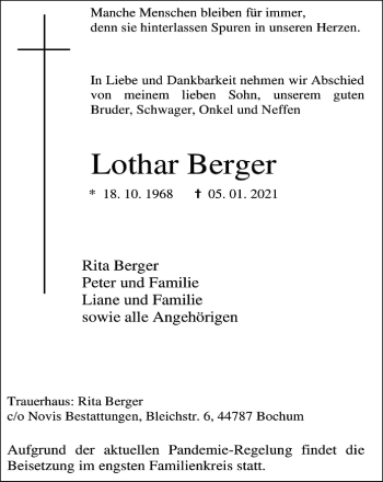 Traueranzeige von Lothar Berger von WVW Anzeigenblätter