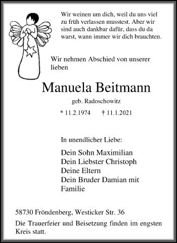 Traueranzeige von Manuela Beitmann von WVW Anzeigenblätter