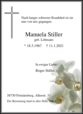 Traueranzeige von Manuela Stiller von WVW Anzeigenblätter