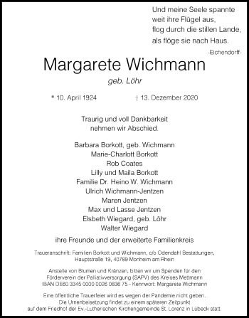 Traueranzeige von Margarete Wichmann von WVW Anzeigenblätter