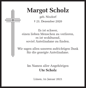 Traueranzeige von Margot Scholz von WVW Anzeigenblätter