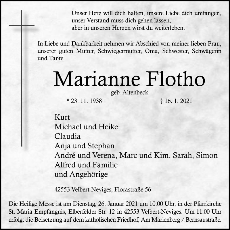  Traueranzeige für Marianne Flotho vom 23.01.2021 aus WVW Anzeigenblätter