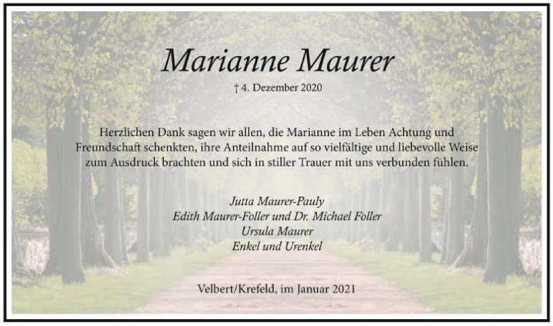  Traueranzeige für Marianne Maurer vom 16.01.2021 aus WVW Anzeigenblätter