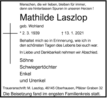 Traueranzeige von Mathilde Laszlop von WVW Anzeigenblätter