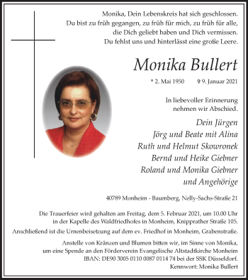 Traueranzeige von Monika Bullert von WVW Anzeigenblätter