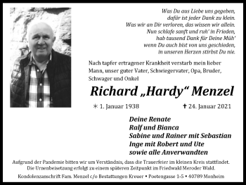 Traueranzeige von Richard Menzel von WVW Anzeigenblätter