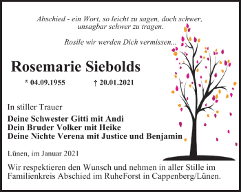 Traueranzeige von Rosemarie Siebolds von WVW Anzeigenblätter