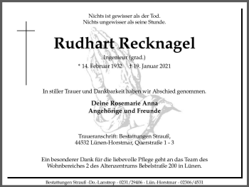 Traueranzeige von Rudhart Recknagel von WVW Anzeigenblätter