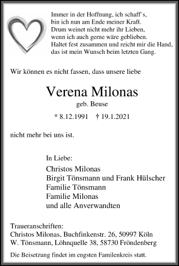 Traueranzeige von Verena Milonas von WVW Anzeigenblätter