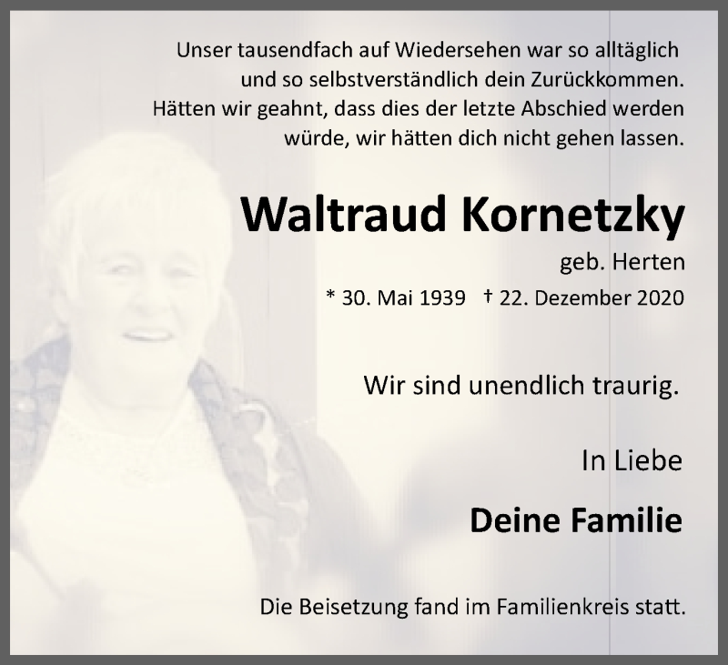  Traueranzeige für Waltraud Kornetzky vom 23.01.2021 aus WVW Anzeigenblätter