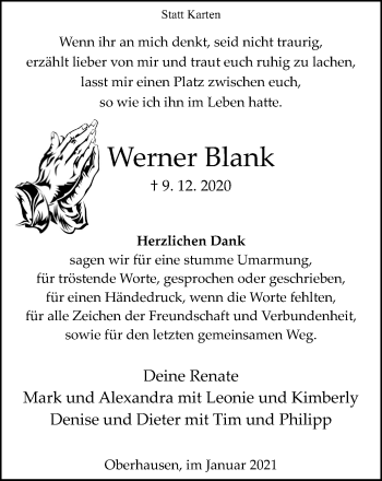 Traueranzeige von Werner Blank von WVW Anzeigenblätter
